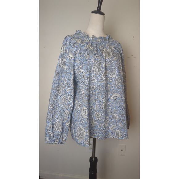 Blue Floral Smocked Neck Peasant Blouse  Boho Cottagecore Long Sleeve Top - Picture 8 of 8